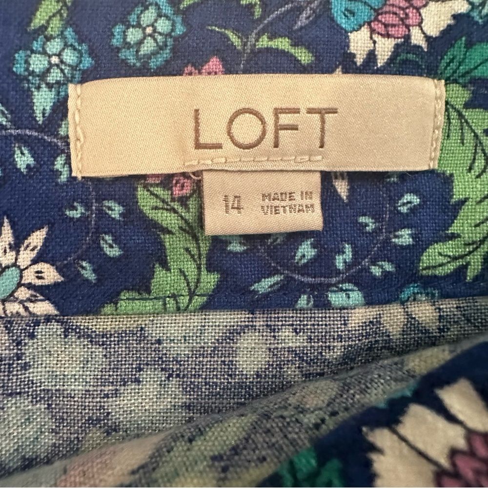 Loft Ann Taylor Floral Ruffle Linen Blend Wrap Skirt Blue Calico Back Zip Sz 14 - Picture 7 of 9